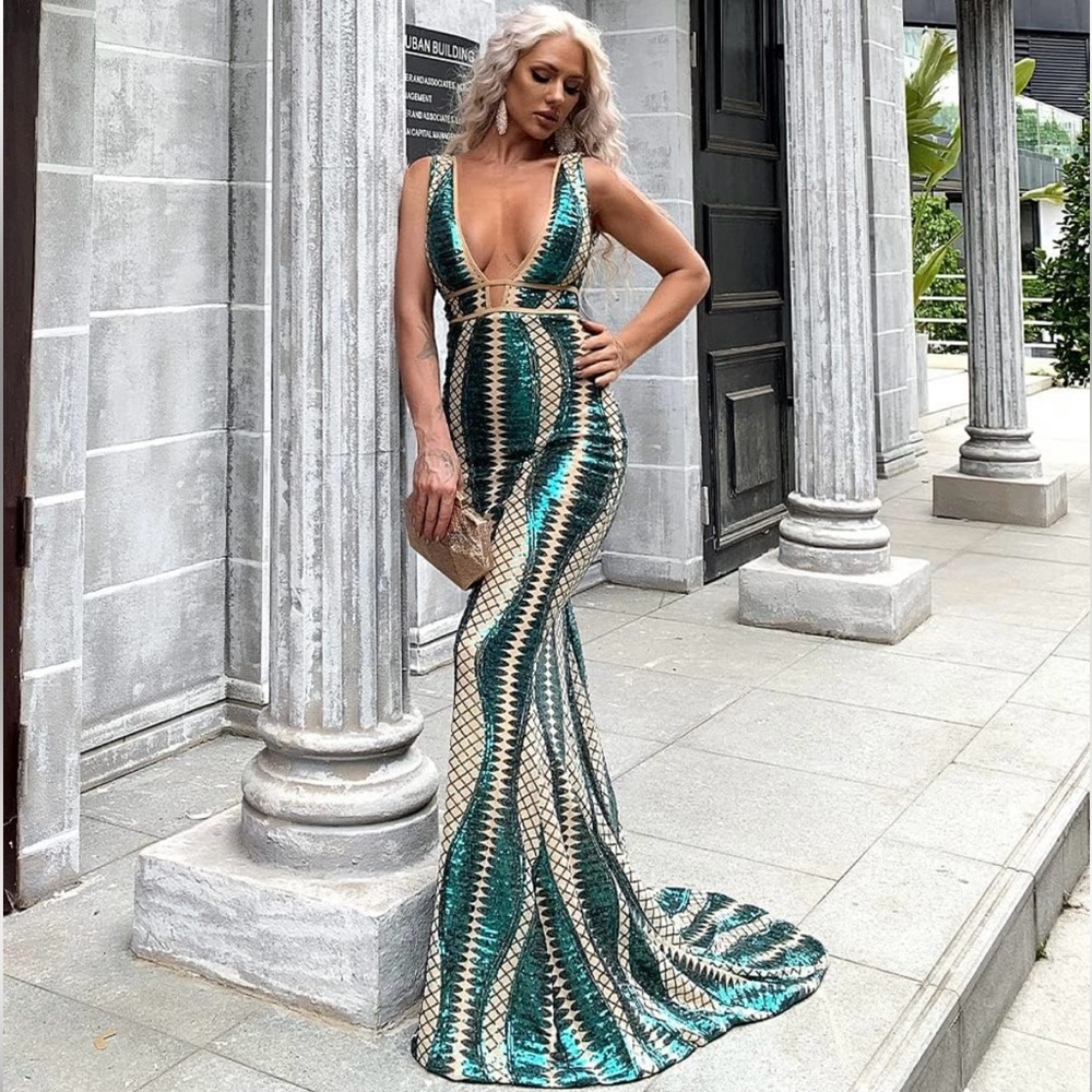 Sequin Formal Gown Plunging Neck Line